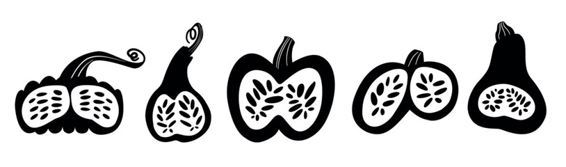 A set of black white pumpkins. Isolated silhouette half pumpkins.