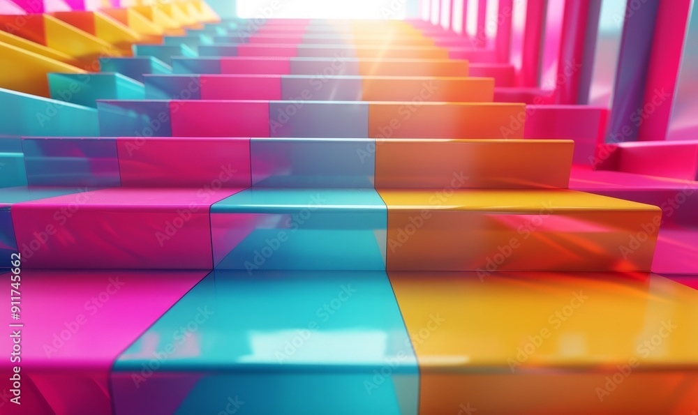 Poster multicolored tech background with a geometric 3d structure. vibrant, stepped design with extruded fu