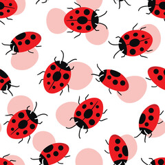 Fototapeta premium Fashion animal seamless pattern with colorful ladybird on white background. Cute holiday illustration with ladybags for baby. Design for invitation, poster, card, fabric, textile