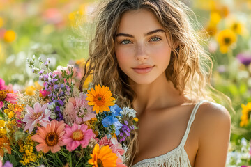 A woman collects a bouquet of wildflowers in a meadow on a sunny summer day. Comfort and nostalgic atmosphere. Gardencore
