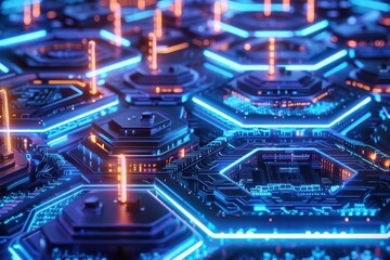 Fototapeta premium futuristic cityscape with glowing blue hexagonal structures neon lights and intricate patterns create a mesmerizing hightech urban environment