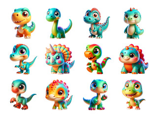 Obraz premium Cute, cartoon dinosaur characters. Illustration in 3D style isolated on transparent background. Design for children's books, games, nursery decor.