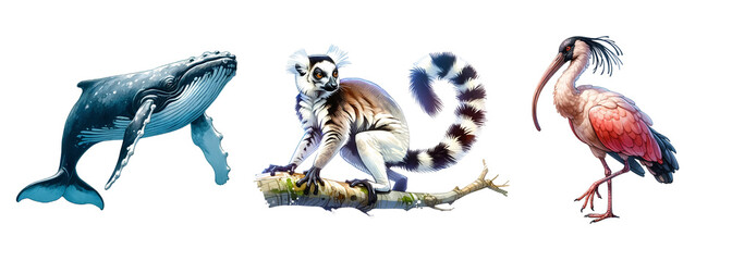 Obraz premium Watercolor illustrations of rare wild animals: white crowned lemur, whale, Ibis, isolated on transparent background. Clipart for educational materials, conservation awareness projects.