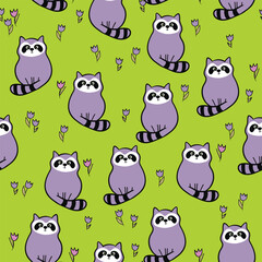 Vector seamless repeating childish pattern with cute raccoon in doodle style. Animals background for invitation, poster, card, flyer, textile, fabric