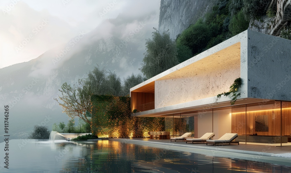 Poster natural landscape with contemporary architecture. stylish design, fusing modern architecture in the 