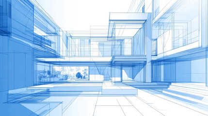 Obraz premium Abstract geometric architectural background. Modern building interior design, urban city structure blueprint. 