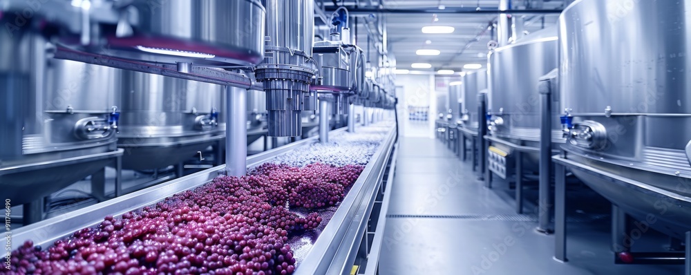 Poster inside a futuristic winery with advanced machinery and grape processing