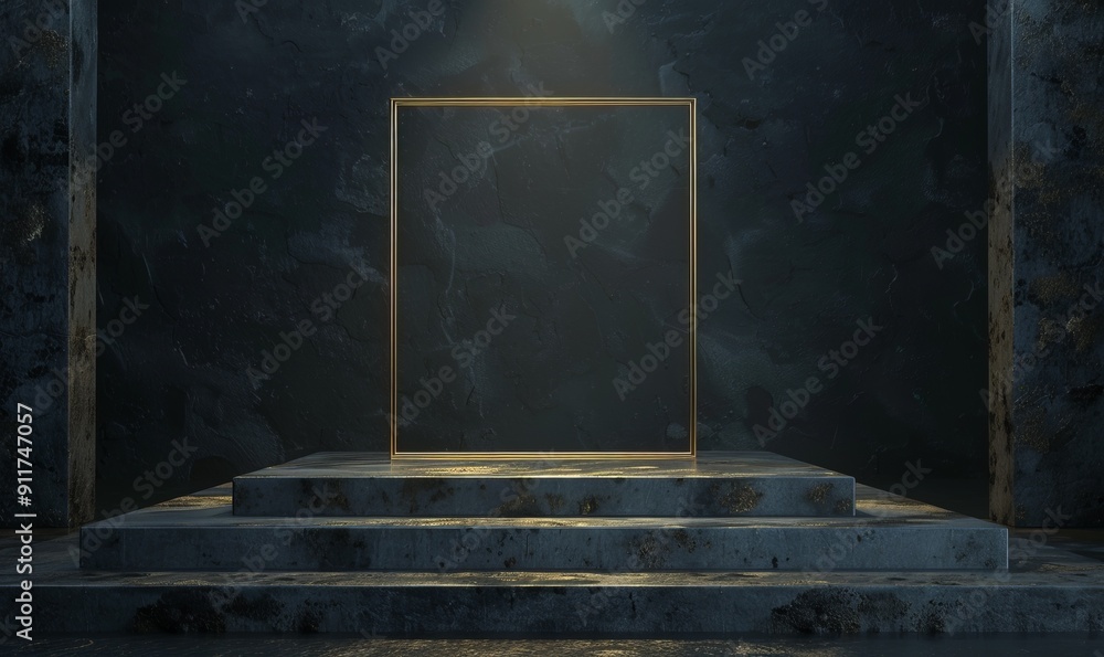Poster abstract minimalist background of steps, golden square frame and empty cobblestone podium for produc