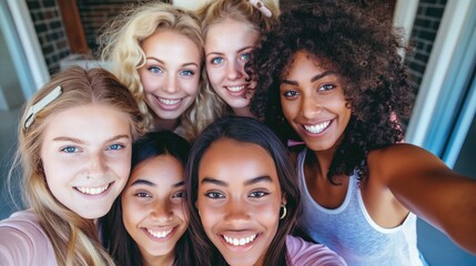 Obraz premium Five young women of different ethnicities stand close together, smiling and looking directly at the camera as they take a selfie in an indoor setting