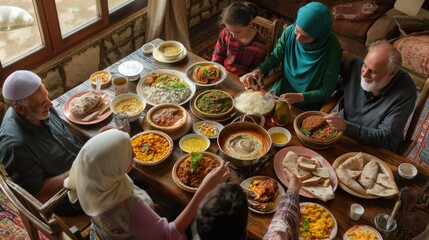Family gathers for iftar during Ramadan, sharing a meal and breaking their fast The table is filled with traditional dishes, and everyone is smiling and enjoying the moment