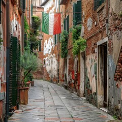 Fototapeta premium The Italian flag waves majestically, showcasing its vibrant green, white, and red vertical stripes. This image beautifully represents national pride and the rich cultural heritage of Italy.