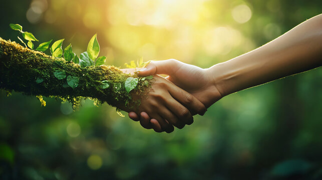 Human hand handshaking hand of nature, love nature environment concept