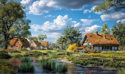 Idyllic village scene with charming cottages, picturesque setting