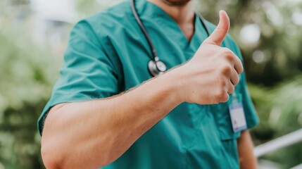 A healthcare professional dressed in scrubs gives a thumbs up while standing in an outdoor area with greenery in the background, conveying a positive and encouraging message