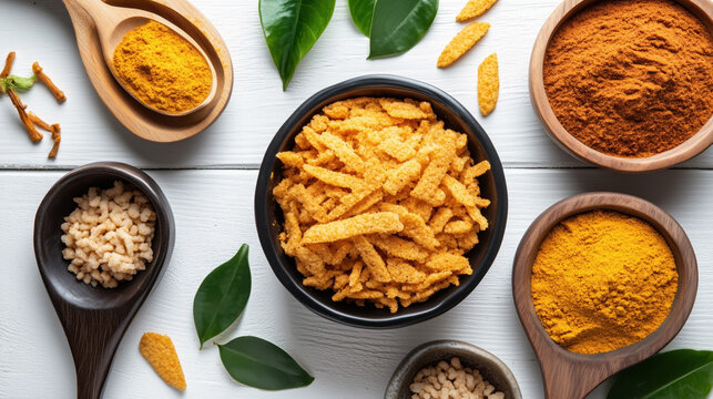 Traditional Indian food Sev Mamra. A bowl of crispy chickpea flour noodles (sev) surrounded by puffed rice and various vibrant spices, served on a white surface.