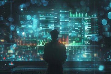 futuristic data visualization holographic charts and graphs float in darkened room glowing particles stream between infographic elements analysts silhouette visible in foreground
