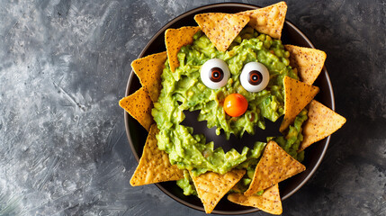 Guacamole served as monster with nachos. Halloween party dish.