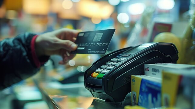 A customer makes a contactless payment with a card at a bustling retail checkout, surrounded by various products and bright store lights