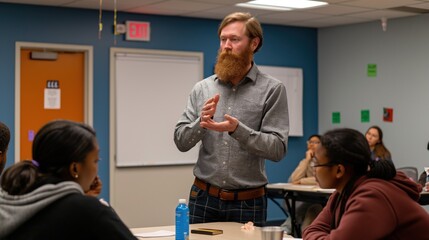 Teacher leading a classroom discussion, engaging students in active learning and participation