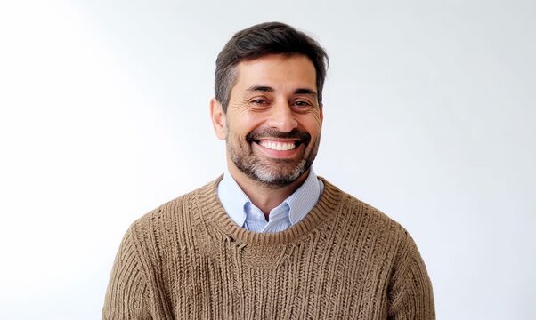 Environmental portrait video of a grinning man in his 40s wearing a cozy sweater against a white background
