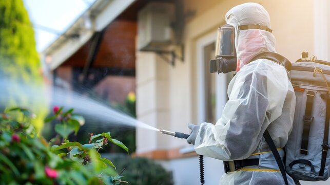 Trained exterminator uses specialized equipment to apply pest control treatment in a residential area, ensuring effective and safe eradication of unwanted insects