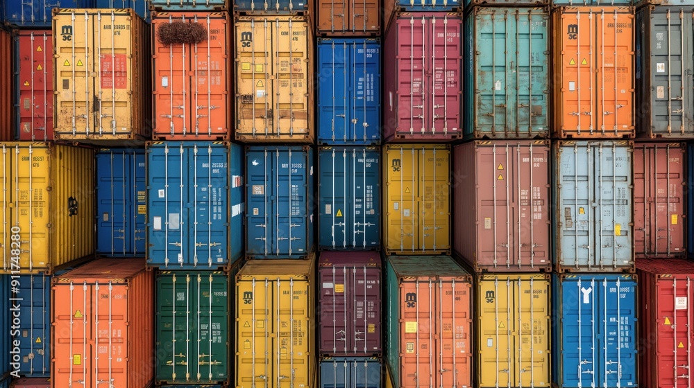 Poster colorful shipping containers are stacked tightly in a busy port, showcasing an array of hues and geo