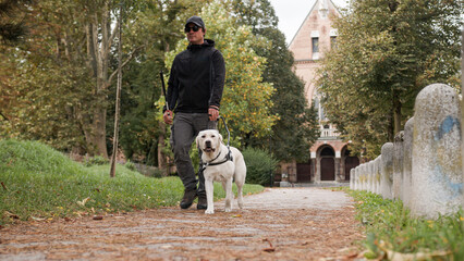Blind man with a white cane walking in the city park with his guide dog, on the autumn day....