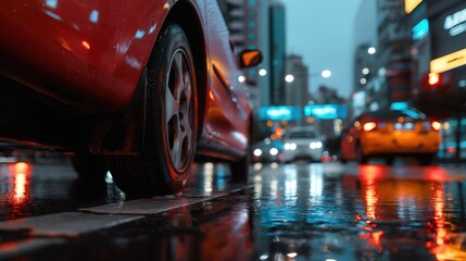 A red car sits on a city street at night, surrounded by glowing lights and reflections on rain-soaked pavement, capturing the vibrant atmosphere of urban life