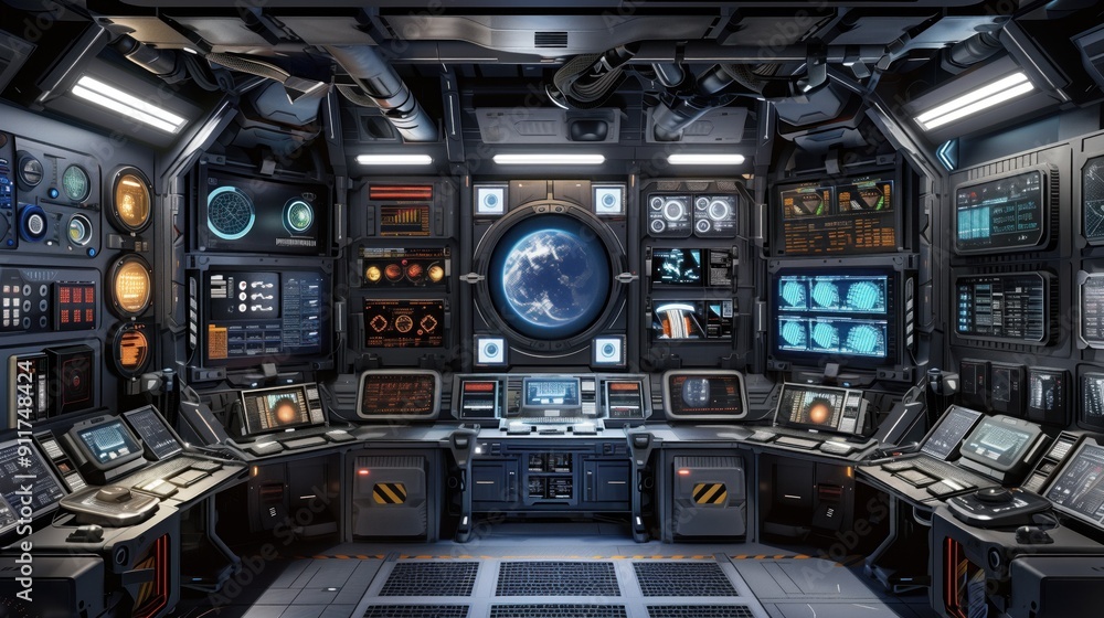 Poster inside a high-tech control room, various screens and controls display data as earth is visible throu