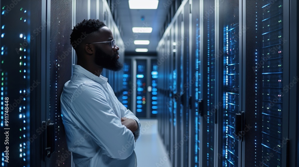Poster a focused it professional examines the illuminated server racks in a modern data center, highlightin