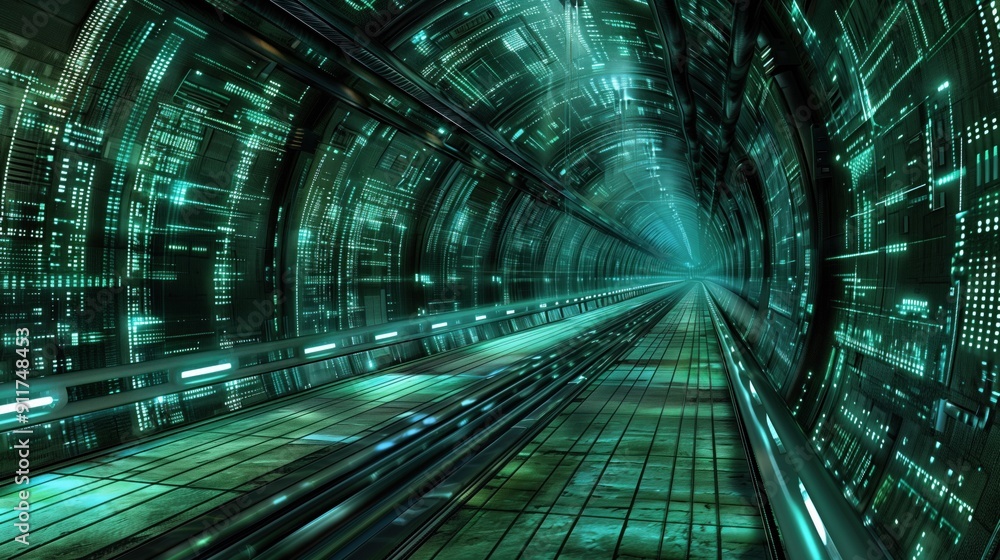 Poster a high-tech tunnel illuminated by vibrant green lights and intricate digital patterns stretches into