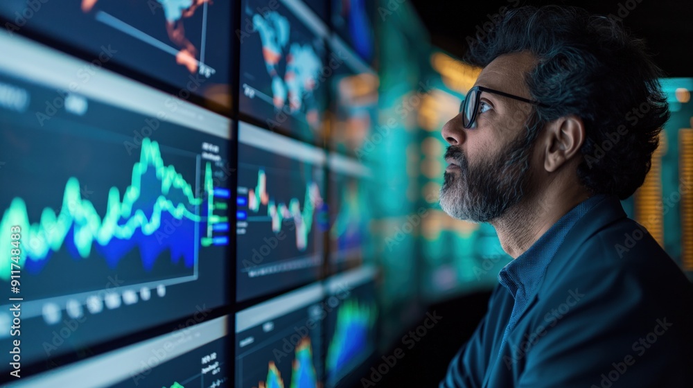 Poster an analyst intently observes dynamic financial data displayed on multiple monitors, analyzing trends
