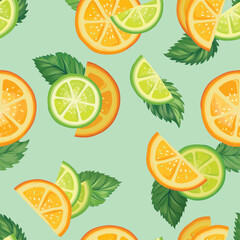 Fresh fruits summer seamles pattern. Fresh orange, lime, citron sliced pieces and mint leaves. colorful food drawing nature background with fruits.