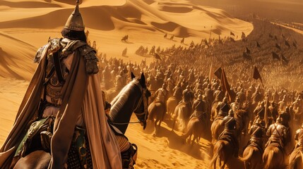 Majestic armored commander addressing a huge Muslim army in the desert from a high place