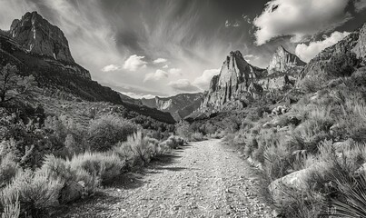Obraz premium A monochrome snapshot of a gravel path amidst rugged peaks, rocky terrain, and lush foliage