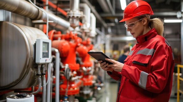 A woman wearing a red work jacket and hard hat is examining information on a tablet while surrounded by industrial machinery in a facility - Powered by Adobe