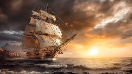 Fototapeta premium A tall ship with billowing sails navigates the ocean, illuminated by a vibrant sunset as dark clouds gather on the horizon