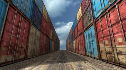 Fototapeta premium Shipping containers of various colors are arranged in a narrow path, with wooden flooring beneath and a cloudy sky overhead, creating a vibrant industrial atmosphere