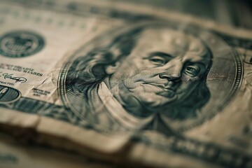 Stack of one hundred dollar bills in a market, shallow depth of field