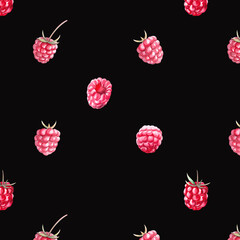 Seamless pattern of red raspberries in watercolor illustration on a black background. Hand drawn raspberries for printing on fabric, gift wrapping, desserts, perfumes.