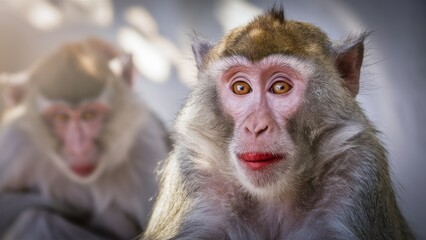 Fototapeta premium Two monkeys are looking at the camera with one of them making a funny face, AI