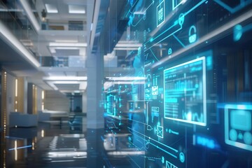 Obraz premium futuristic hotel management interface holographic displays show realtime data sleek design with blue and white color scheme smart building concept