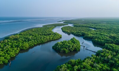 Aerial photo of Senegals Saloum Delta National Park showcasing mangrove forest. Concept Nature Photography, Aerial Shots, National Parks, Mangrove Ecosystems, Senegal