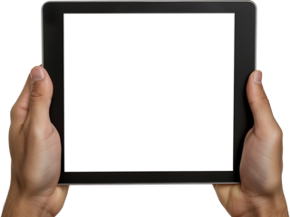 Hand man holding tablet with mockup blank screen isolated on white background with clipping path