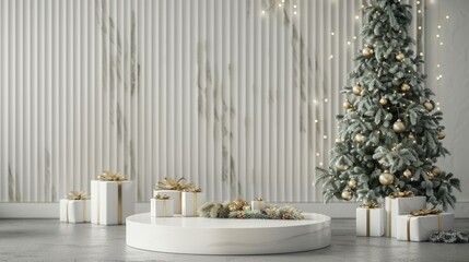 modern living room with a white plaster wall and partly ruined brick wall and Christmas decoration