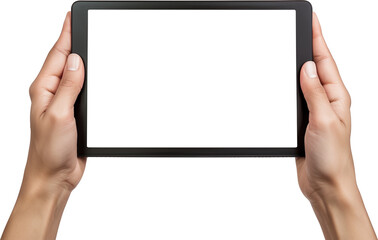 Hand man holding tablet with mockup blank screen isolated on white background with clipping path