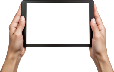 Hand man holding tablet with mockup blank screen isolated on white background with clipping path