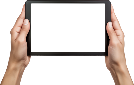 Hand man holding tablet with mockup blank screen isolated on white background with clipping path
