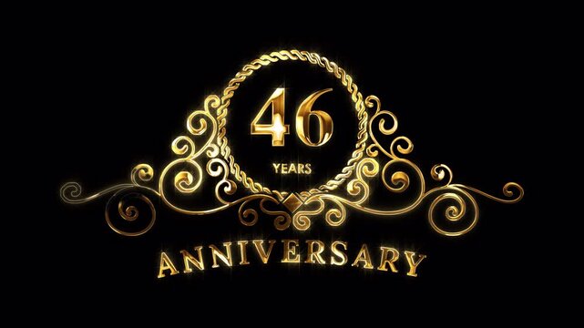 46th Anniversary Celebration. Happy 46 Years Anniversary Animation in Gold Color on the Transparent Background, Alpha Channel. Great for greetings, celebrations, events, and gifts.