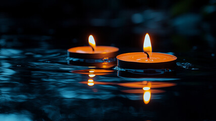 burning candles on the water surface. dark background.